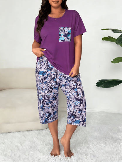 6pcs Plus Size Soft Pajamas for Women, Classic Solid Tops with Floral Pocket & Botanical Print Pants, Lightweight Cozy Sleepwear for Middle-Aged & Senior Citizens, Perfect for Daily Relaxation