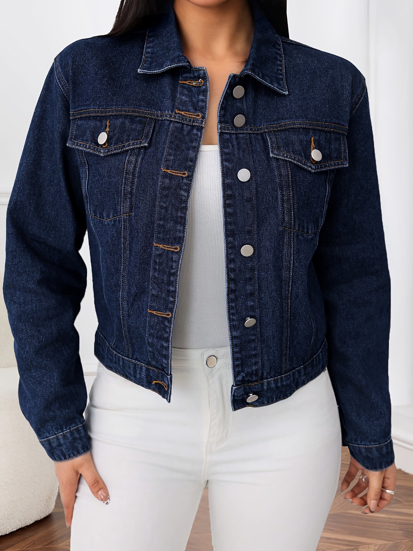 Women'S Casual Blue Denim Jacket with Lapel Collar & Multiple Pockets - Long Sleeve, Button-Up Front, Regular Fit Spring/Fall Outerwear, Spring Outerwear, Classic Buttonup Jacket, Nonstretch Fabric
