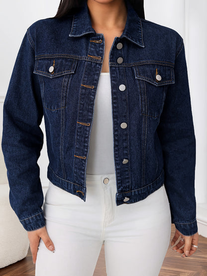 Women'S Casual Blue Denim Jacket with Lapel Collar & Multiple Pockets - Long Sleeve, Button-Up Front, Regular Fit Spring/Fall Outerwear, Spring Outerwear, Classic Buttonup Jacket, Nonstretch Fabric
