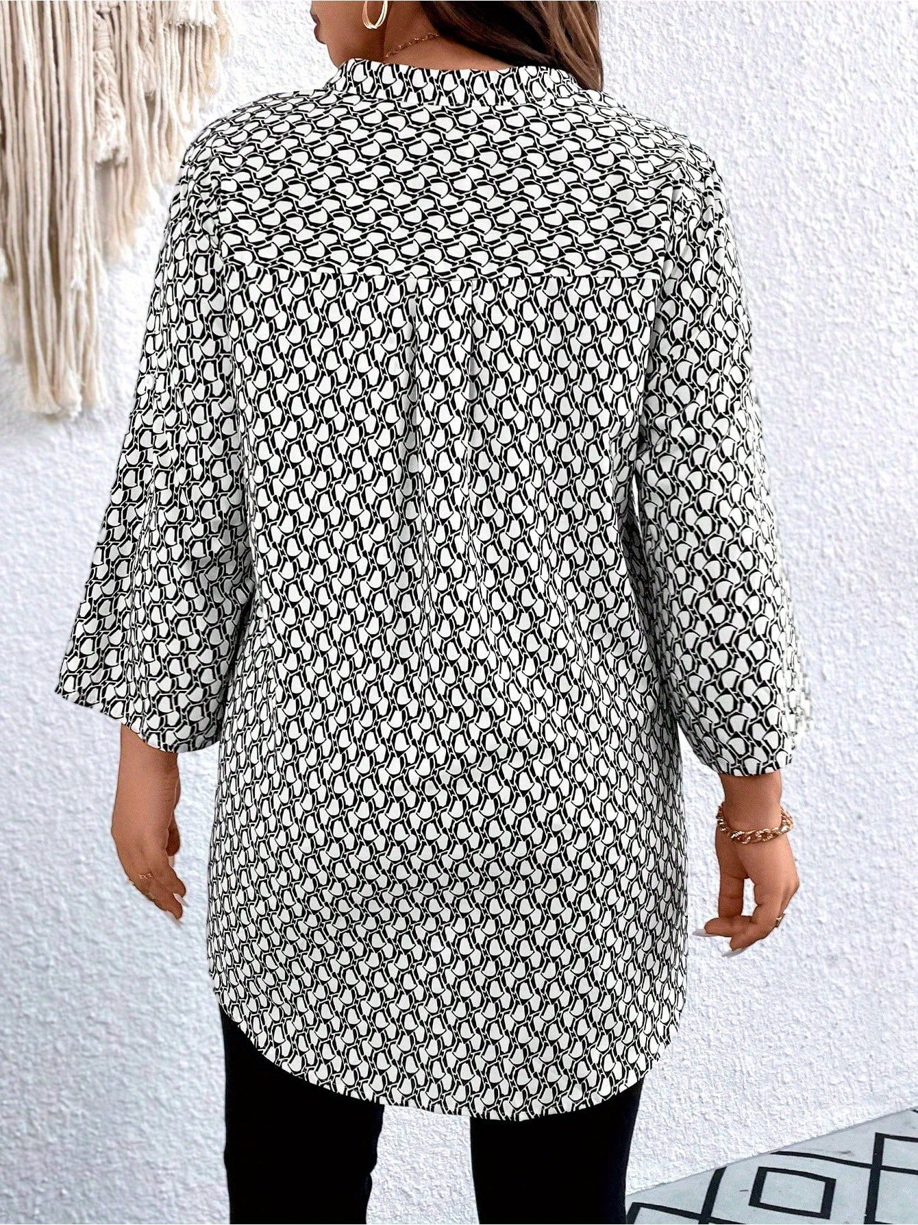 Plus Size, Plus Size Casual Top, Women's Plus Size Allover Print Roll Sleeve Split Neck Tunic Top
