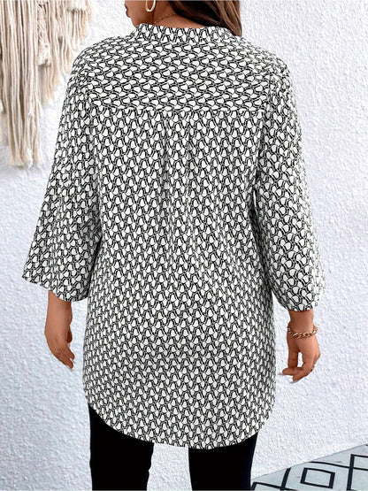 Plus Size, Plus Size Casual Top, Women's Plus Size Allover Print Roll Sleeve Split Neck Tunic Top