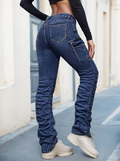 Textured Blue Comfortable and Relaxed Deep Blue Women's Jeans with Large Pockets, Wear-Resistant Topstitch Design, and Calf Pleats