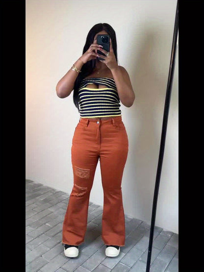 Women's Vibrant Orange Distressed Flare Jeans - Cotton Stretch Denim, Vintage High-Waisted Bootcut Pants with Knee-Hole Design, Comfortable and Stylish Casual Wear