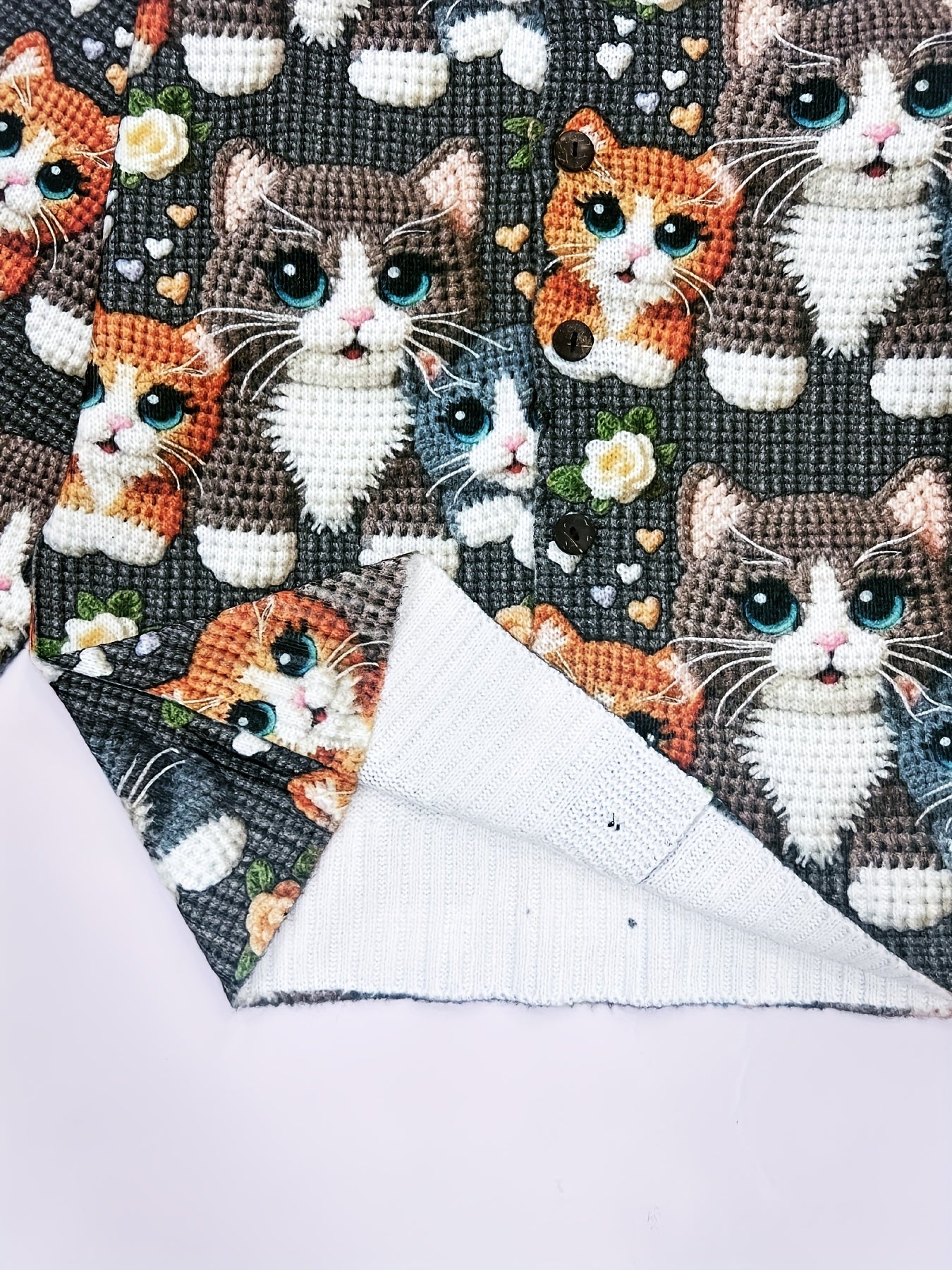 2025 Women's Long Sleeve 3D Printed Crochet Cat Print Cardigan Sweater in Youthful Style