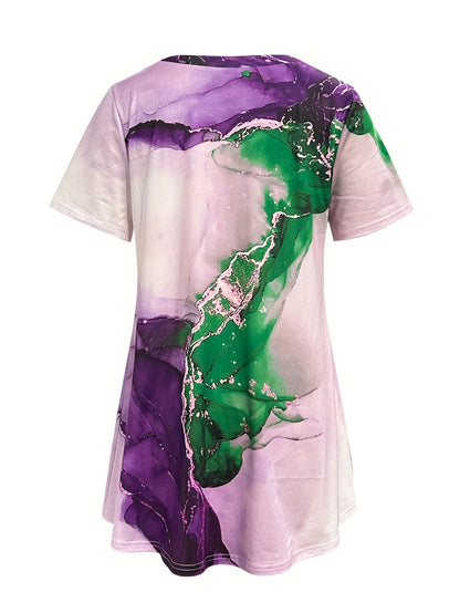 Women's Casual Short Sleeve T-Shirt - Artistic Floral Print, Relaxed Fit, Machine Washable, Spring Summer Fall Versatile Top, Casual Attire | Durable Print Shirt, Ladies T Shirts