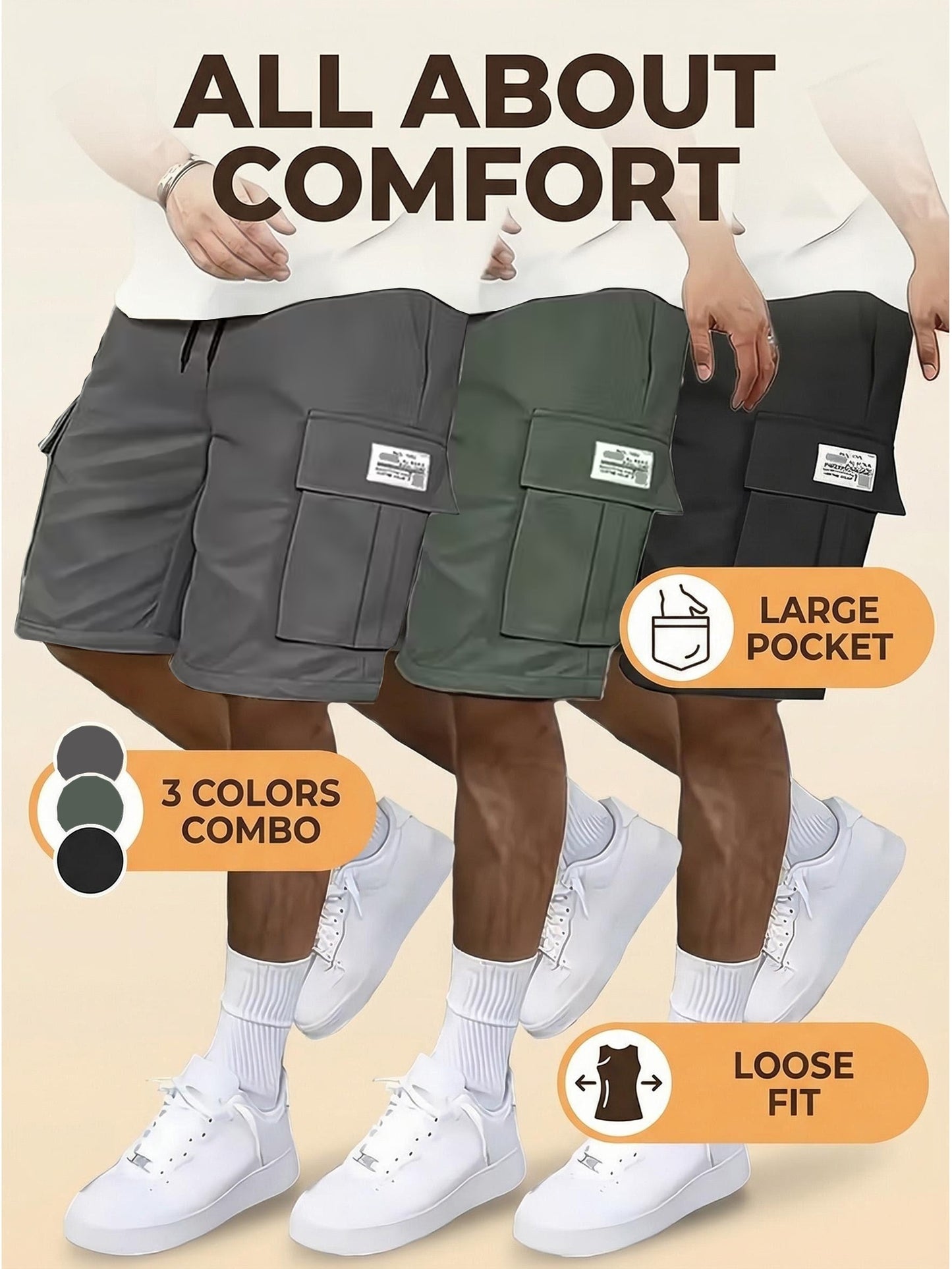 Men's Black+green+gray Polyester Cargo Shorts - product view 2