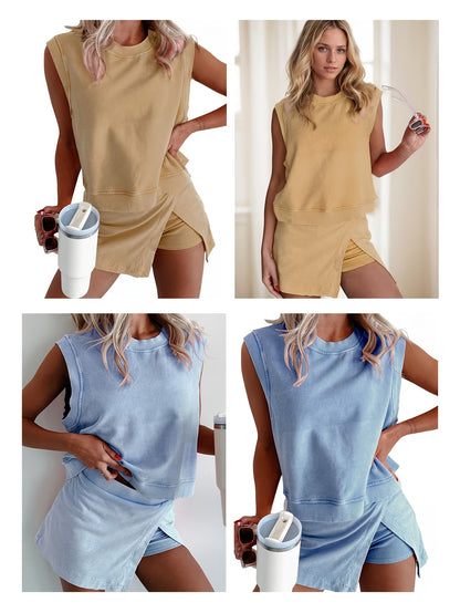 2pcs Women's New Solid Color Fashionable Casual Pure Short Sleeved T-shirt Three Piece Pants Two-piece Set