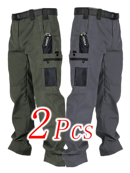 2pcs Men'S Tactical Pants - Heavy-Duty, Adjustable Belt & Multi-Pocket Design, Durable Outdoor Pants For Hiking, Hunting, Climbing, Casual Wear