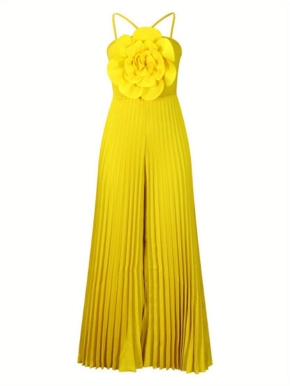 Plus Size - Plus Size - New Women'S European And American Summer Hanging Neck Three-Dimensional Flower Solid Color Wide Leg Plus Size Foreign Trade Jumpsuit
