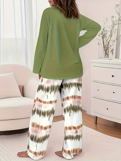 Women's 2pcs Pajama Set, Featuring A Round-neck Long-sleeve T-shirt And Tie-dye Style Printed Long Pants. The Soft Fabric Is Machine Washable, Making It Perfect for A Comfortable And Laid-back Home Look