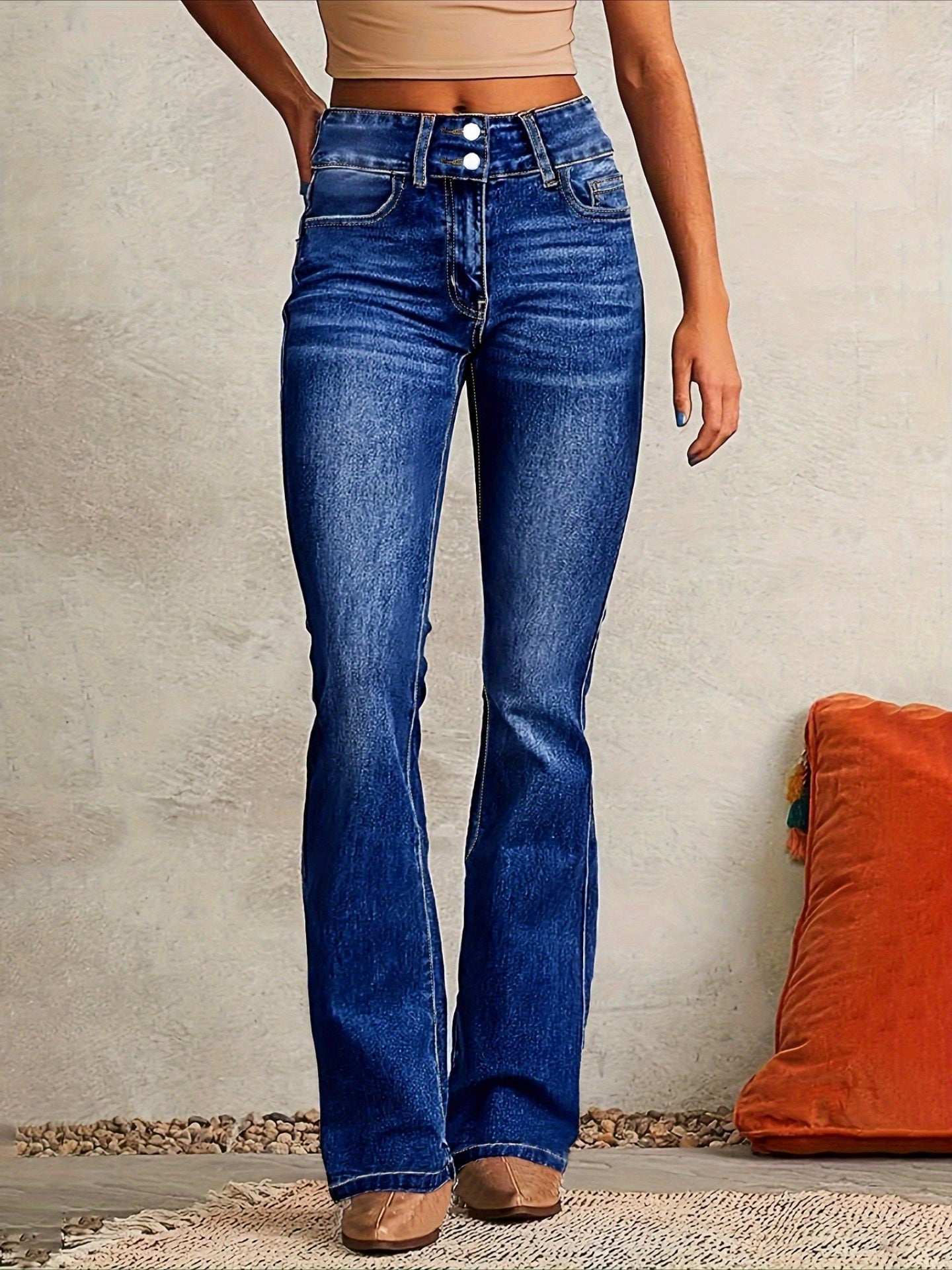 1 Pair Women'S Retro Stretch Washed Bootcut Jeans, Streetwear Style Flared Denim Trousers, S-XXL