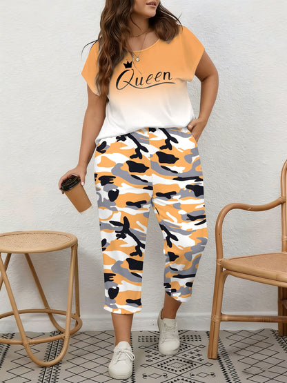 Plus Size, Spring/Summer Plus Size Women's 2pcs Set, Gradient Print And Queen Print, Round Neck Top with Capri Pants, Suitable for Home, Leis And Outings