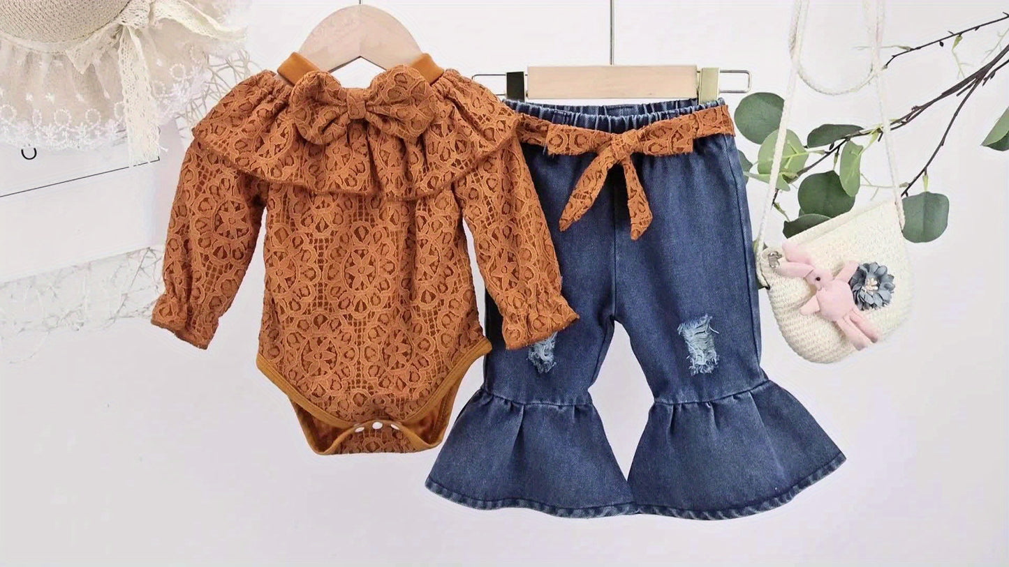 Baby Girls Clothes Fall Outfits For Girls Lace Off Shoulder Top Jeans Pant Sets Headband Belt 3pcs Newborn Infant Outfit Apricot With 3-24Months, for Outdoor
