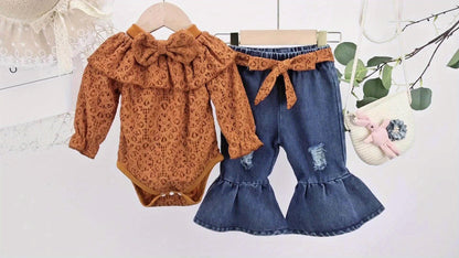 Baby Girls Clothes Fall Outfits For Girls Lace Off Shoulder Top Jeans Pant Sets Headband Belt 3pcs Newborn Infant Outfit Apricot With 3-24Months, for Outdoor