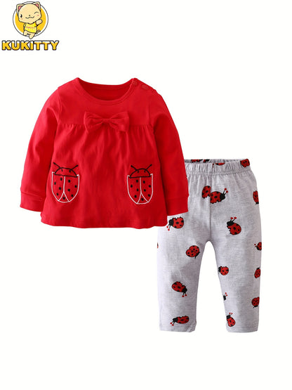 Kukitty Baby Girl Clothes Toddler Infant 2pcs Long Sleeve Cartoon Pattern Tops Pants Outfits Set, for Outdoor