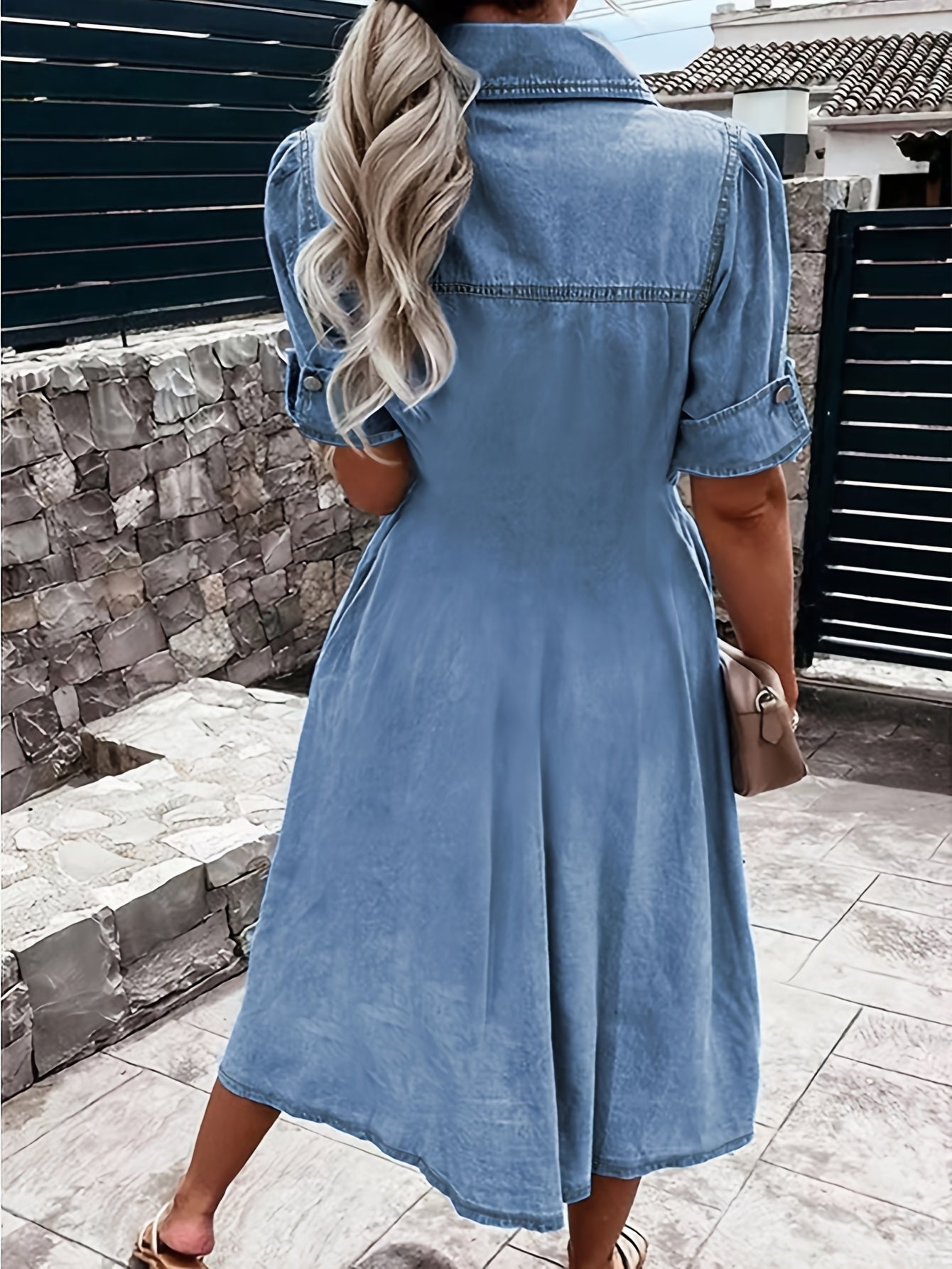 Women's waist a-line Jean Dress Row button V-neck dress