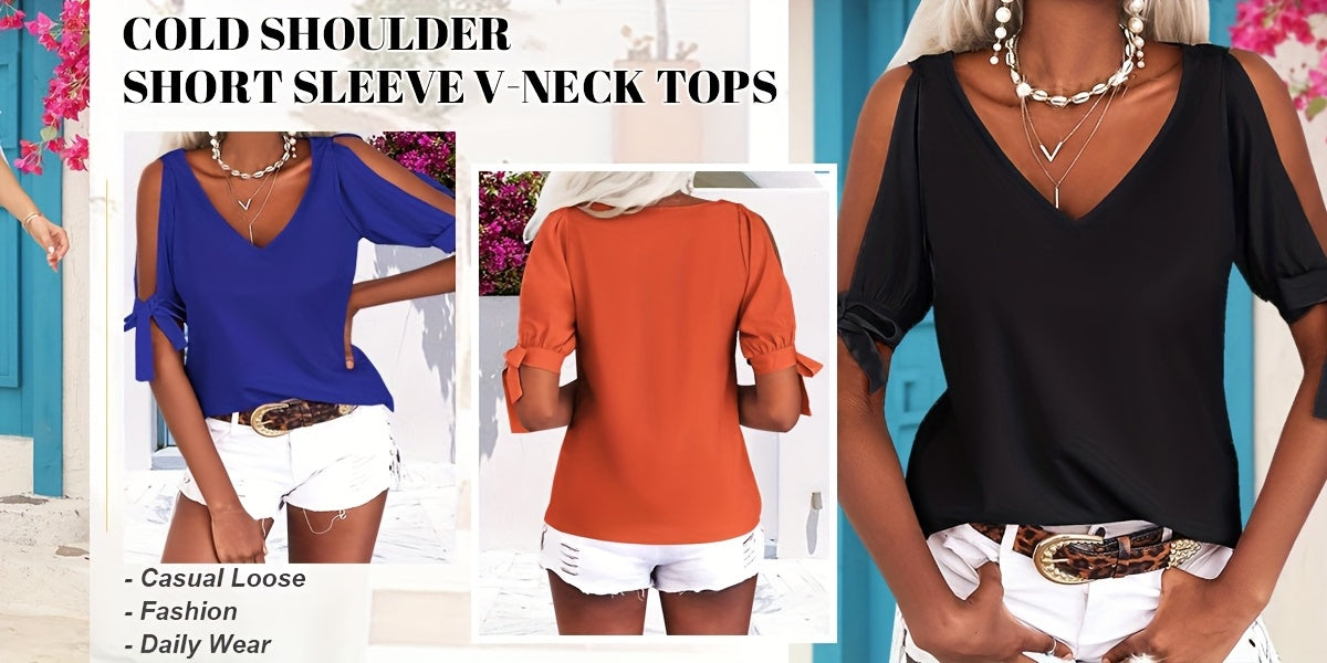 Women's Cold Shoulder Tops Short Sleeve V-Neck Casual Loose Cutout Summer Fashion Tshirts Blouse Shirts