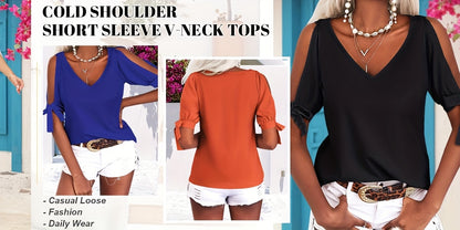 Women's Cold Shoulder Tops Short Sleeve V-Neck Casual Loose Cutout Summer Fashion Tshirts Blouse Shirts