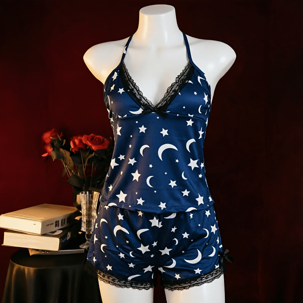 New Arrival Lingerie Seductive Halter Ruffle Sexy 2pcs Pajama Set, Women's Cami & Shorts Loungewear