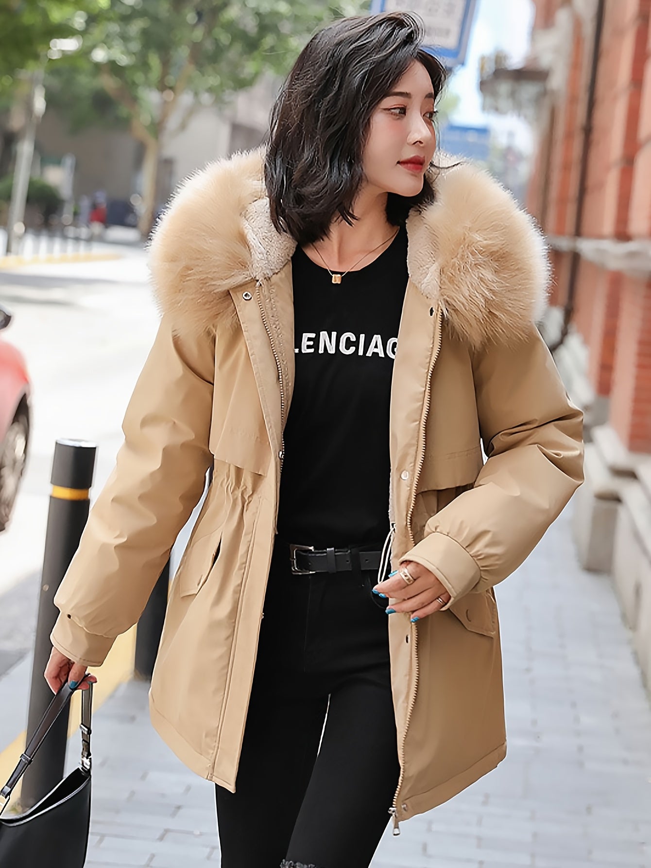 Women's Parka Coat 2025 Winter Thickened Padded Coat, Fashionable and Versatile with Detachable Collar, Waist Drawstring Design, and Lining