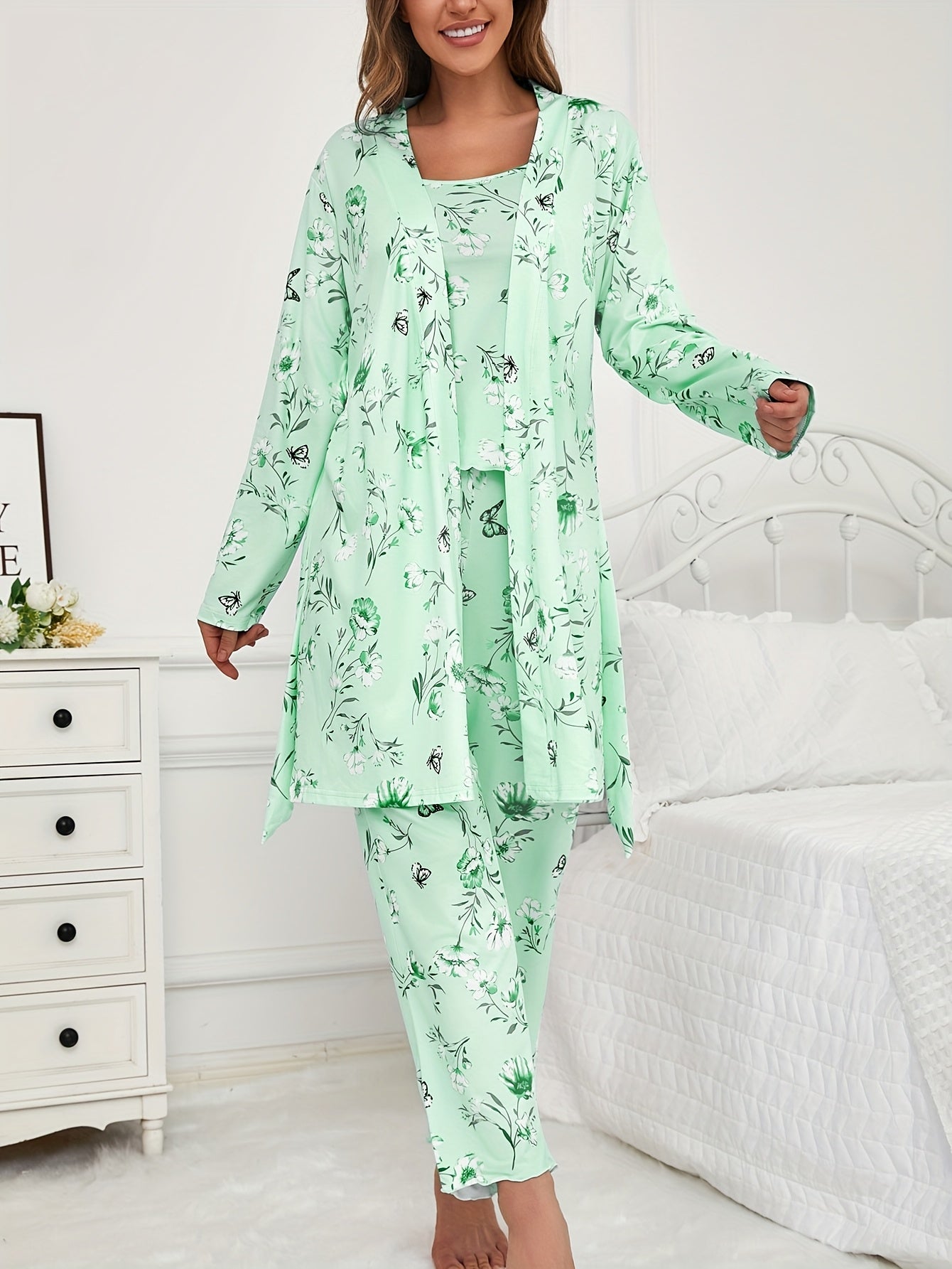 3pcs Floral And Butterfly Print Pajama Set - Long Sleeve Belted Robe & Cami Top & Pants Lounge For All Seasons