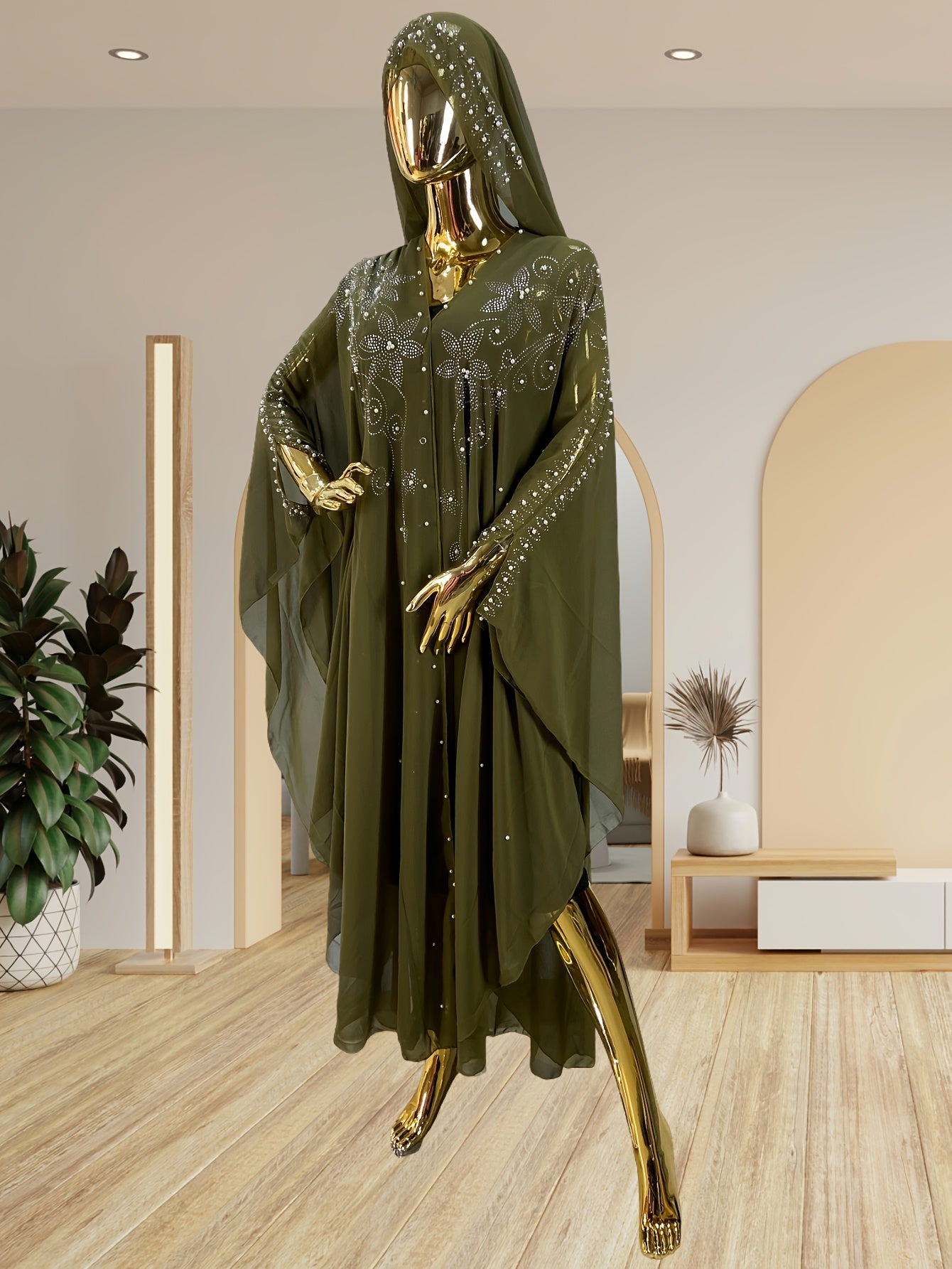 Chic Rhinestone Wrap for Women Featuring Trumpet Sleeves - A Loose-Fitting Long Cape Inspired by Middle Eastern Styles, Adorned with Semi-Sheer Pearls And Crystals, with a Split Hem Perfect for Summer Weddings And Formal Occasions