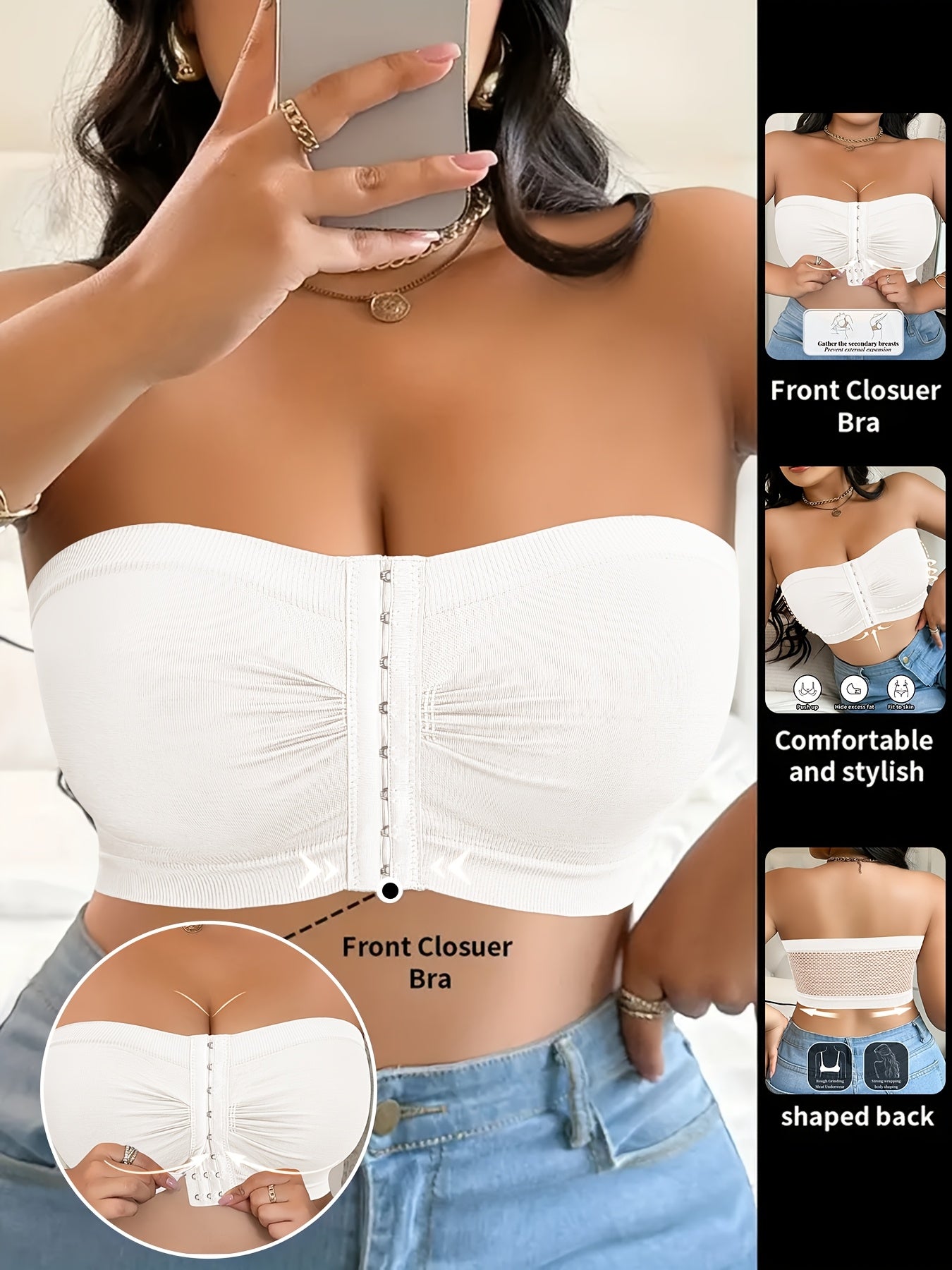 A Strapless Bra for Plus-Size Women Featuring Front Buttons, No Wires, And Designed to Lift And Prevent Sagging, Crafted from a Comfortable And Breathable Blend of Nylon And Elastane