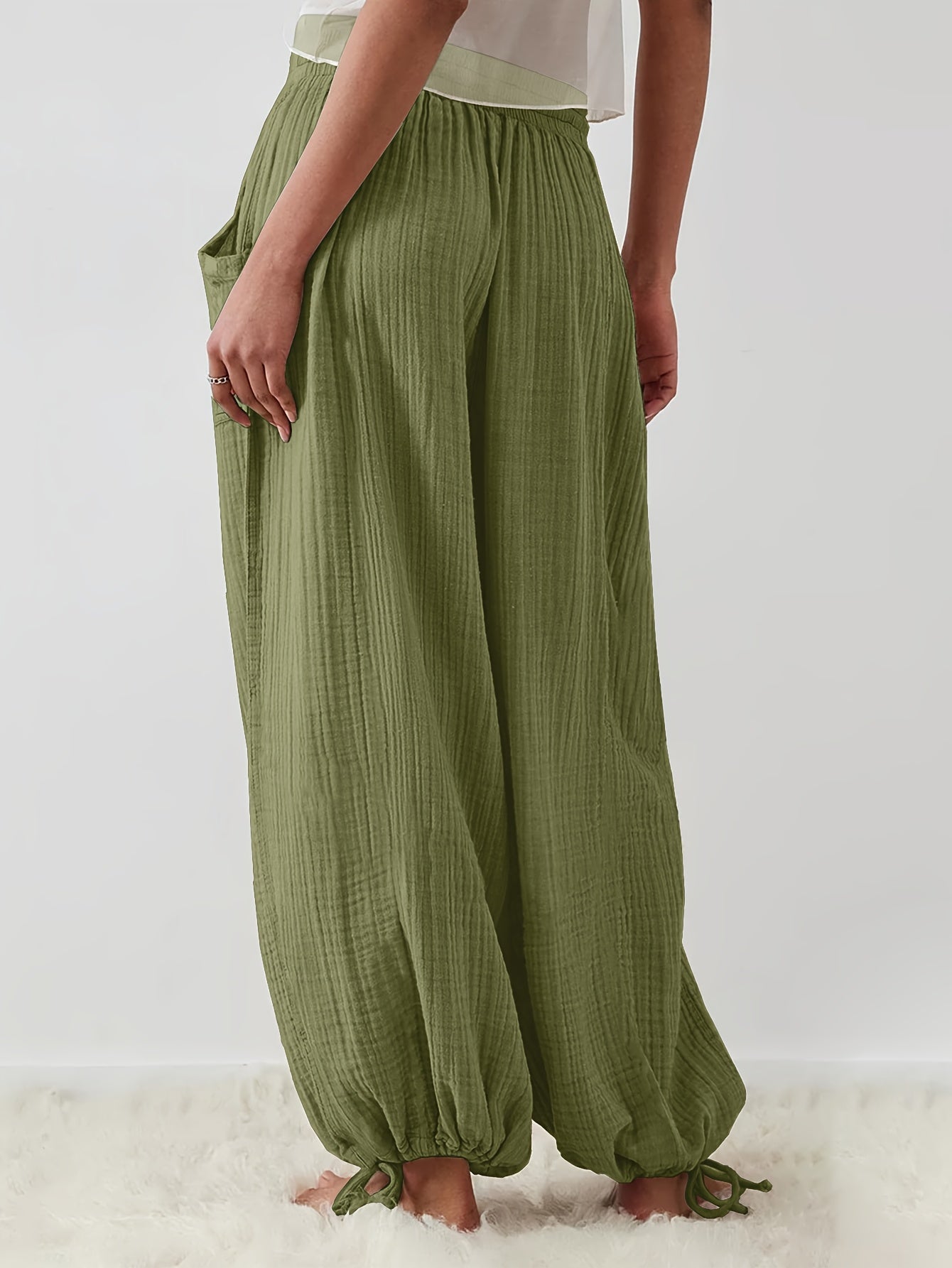 Autumn And Winter Women's Casual Pants, Khaki, Pockets, Wide Legs, Drawstring, Loose Fit, Everyday Commuting Wide-leg Pants.