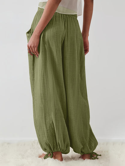 Autumn And Winter Women's Casual Pants, Khaki, Pockets, Wide Legs, Drawstring, Loose Fit, Everyday Commuting Wide-leg Pants.