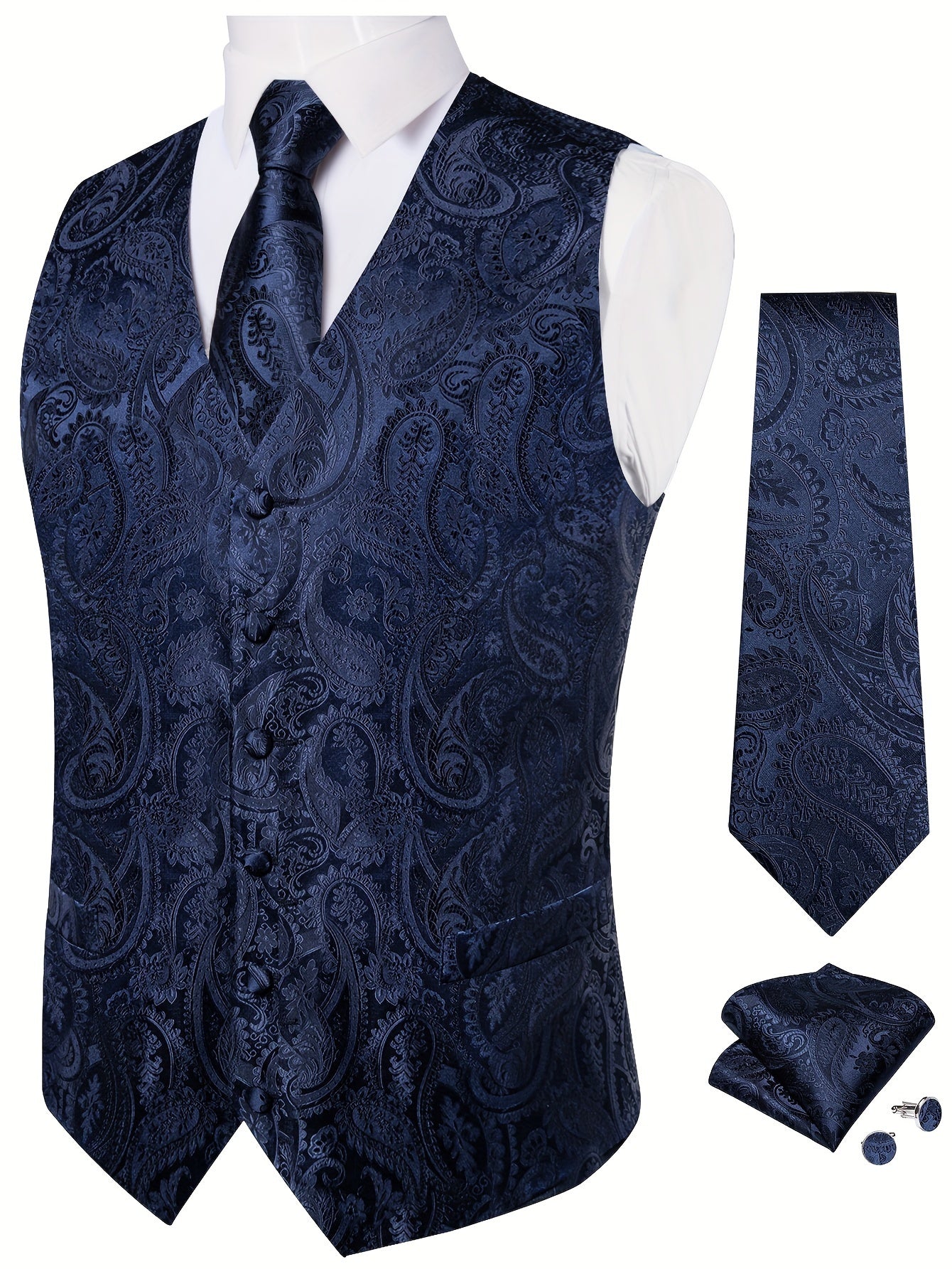 Men'S Classic Formal Suit Vest And Necktie Set - Elegant Red Paisley Design, Made from Non-Stretch Fabric, Featuring a Button Front Closure, Suitable for All Seasons Including Weddings, Business Events, And Parties - Formal Wear for Men, Plus Size