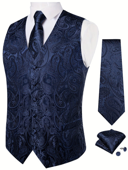 Men'S Classic Formal Suit Vest And Necktie Set - Elegant Red Paisley Design, Made from Non-Stretch Fabric, Featuring a Button Front Closure, Suitable for All Seasons Including Weddings, Business Events, And Parties - Formal Wear for Men, Plus Size