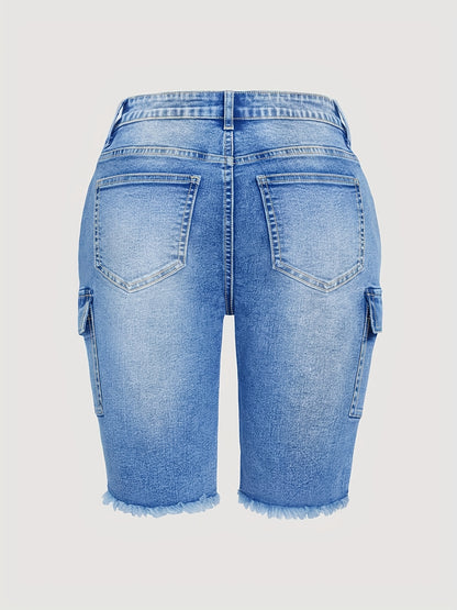 Solid Color Washed Raw Hem Flip Side Pocket Denim Cropped Pants Retro Fashion Niche Slim Joker Style Women'S Denim Shorts.