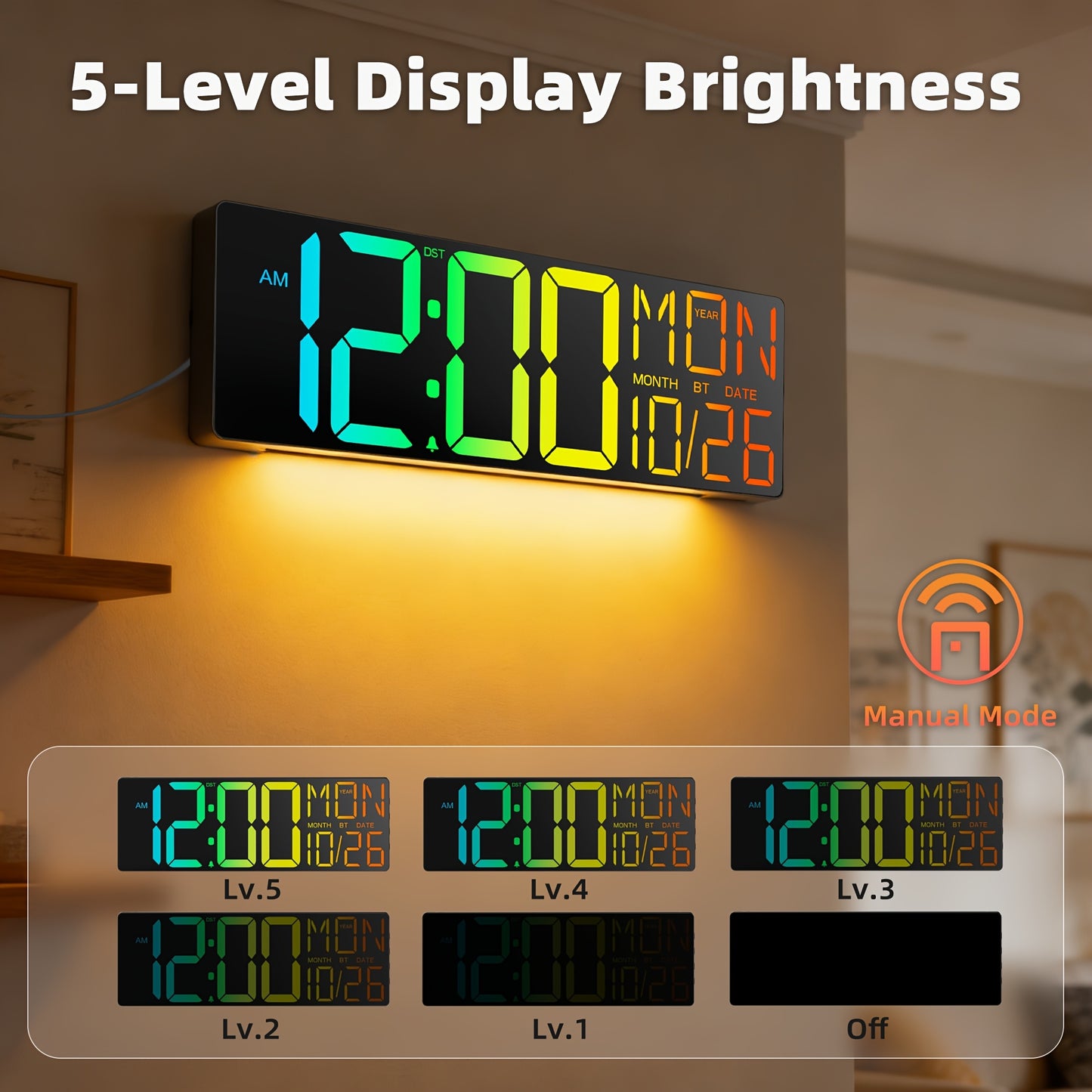 18" LED Digital Wall Clock with 8 RGB Color Display | Remote Control, 10-Level Dimmable Light, DST, Timer, Temperature, Alarm, Nightlight, Perfect Gift for Halloween, Thanksgiving, Christmas