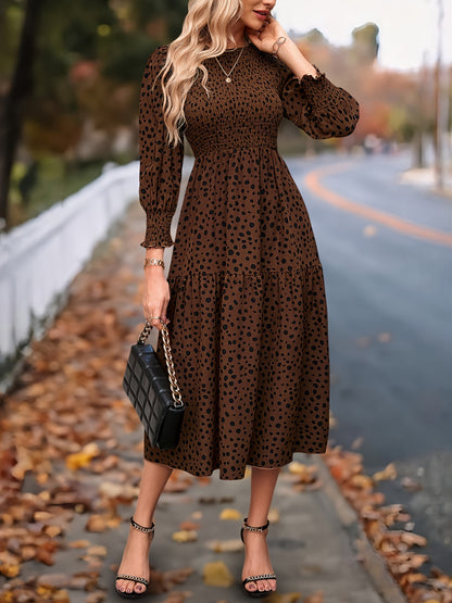 ZAFUL Spring Women's Clothing, Elegant Dress for Ladies with Long Sleeves and Round Neck Leopard Print, Commuting Elegant Dress, Women's Long Skirt