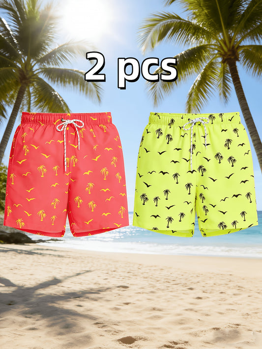 2 Pairs Of Men's Minimalist Palm Tree Seagull Silhouette Print Beach Pants, Loose-fit Quick-dry Tie-dyed Swim Shorts with Pockets for Beach Vacations And Surfing