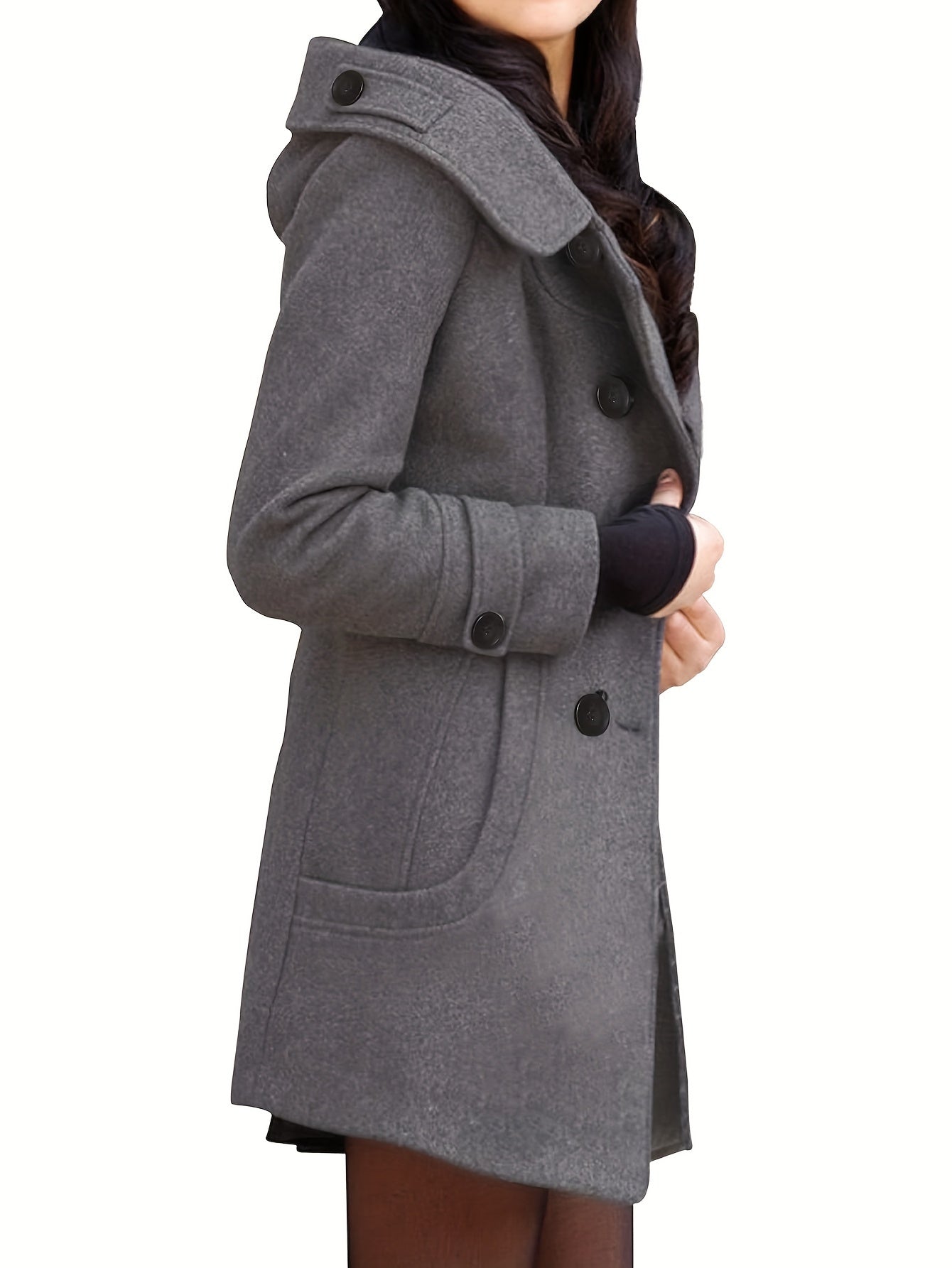 Women'S Cozy Double-Breasted Wool Peacoat Trench Jacket with Hood