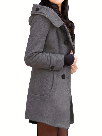 Women'S Cozy Double-Breasted Wool Peacoat Trench Jacket with Hood