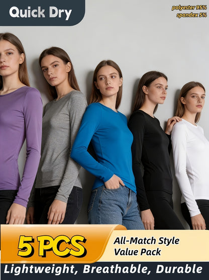 5pcs Women'S Long Sleeve T-Shirts - High Stretch, Moisture-Wicking & Breathable, Five Color Options for, Outdoor - Four Seasons Collection, Shirts, Wear, Solid Color Top, Breathable Fabric