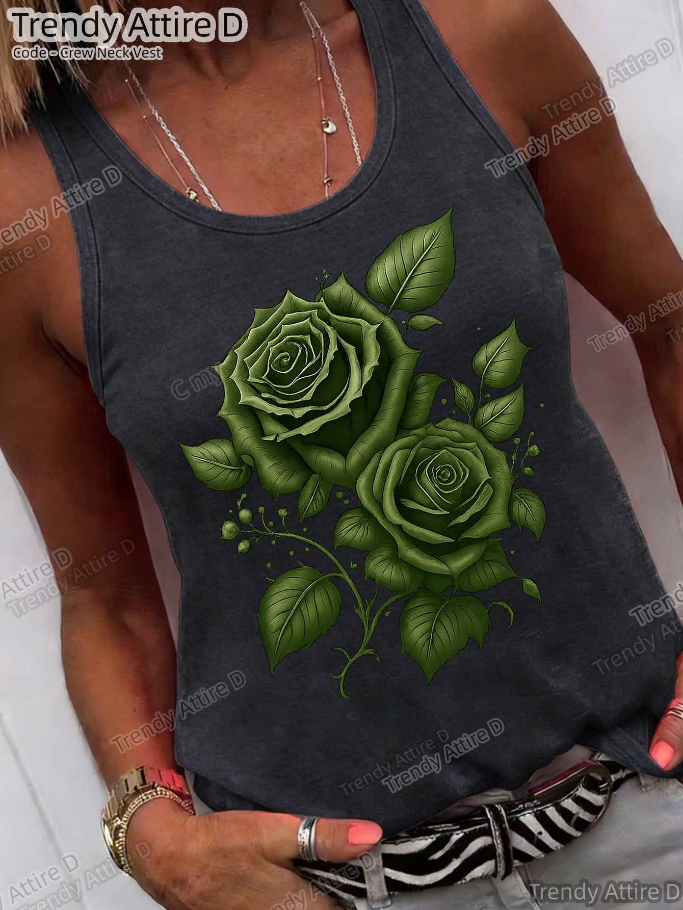 Elegant Round-neck Vest, Vintage Rose Print Round-neck Vest, Fashionable Design Pattern, Holiday Outfits Essential Summer Items Women, Women's Fashionable Summer T-shirts