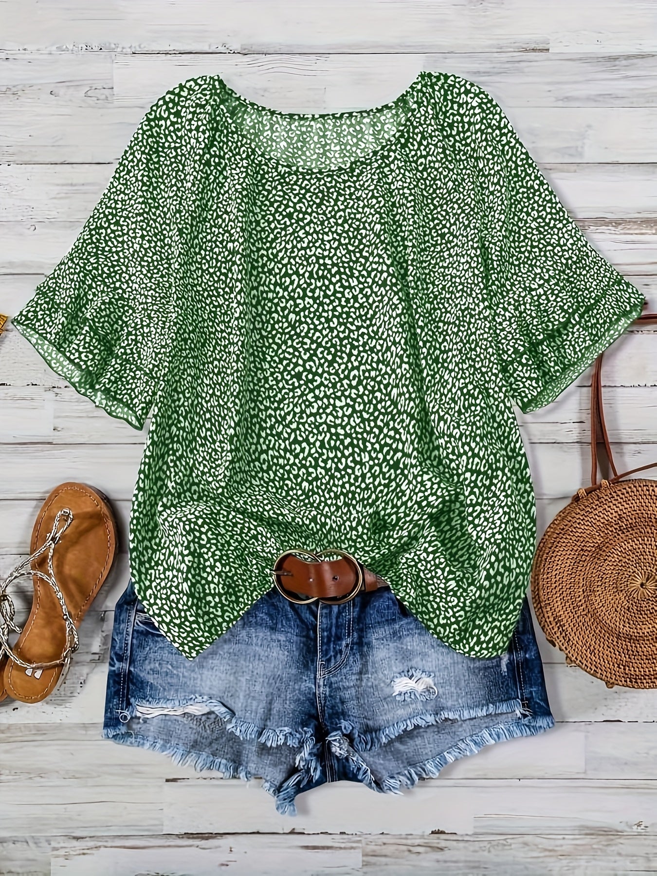Plus Size Women's Boho Leopard Print Ruffle Sleeve Blouse - Asymmetrical Summer Top with Round Neck, Machine Washable Casual Vacation Shirt for Beach Outings & Warm Weather, Relaxed Setting Apparel, Nontransparent Fabric