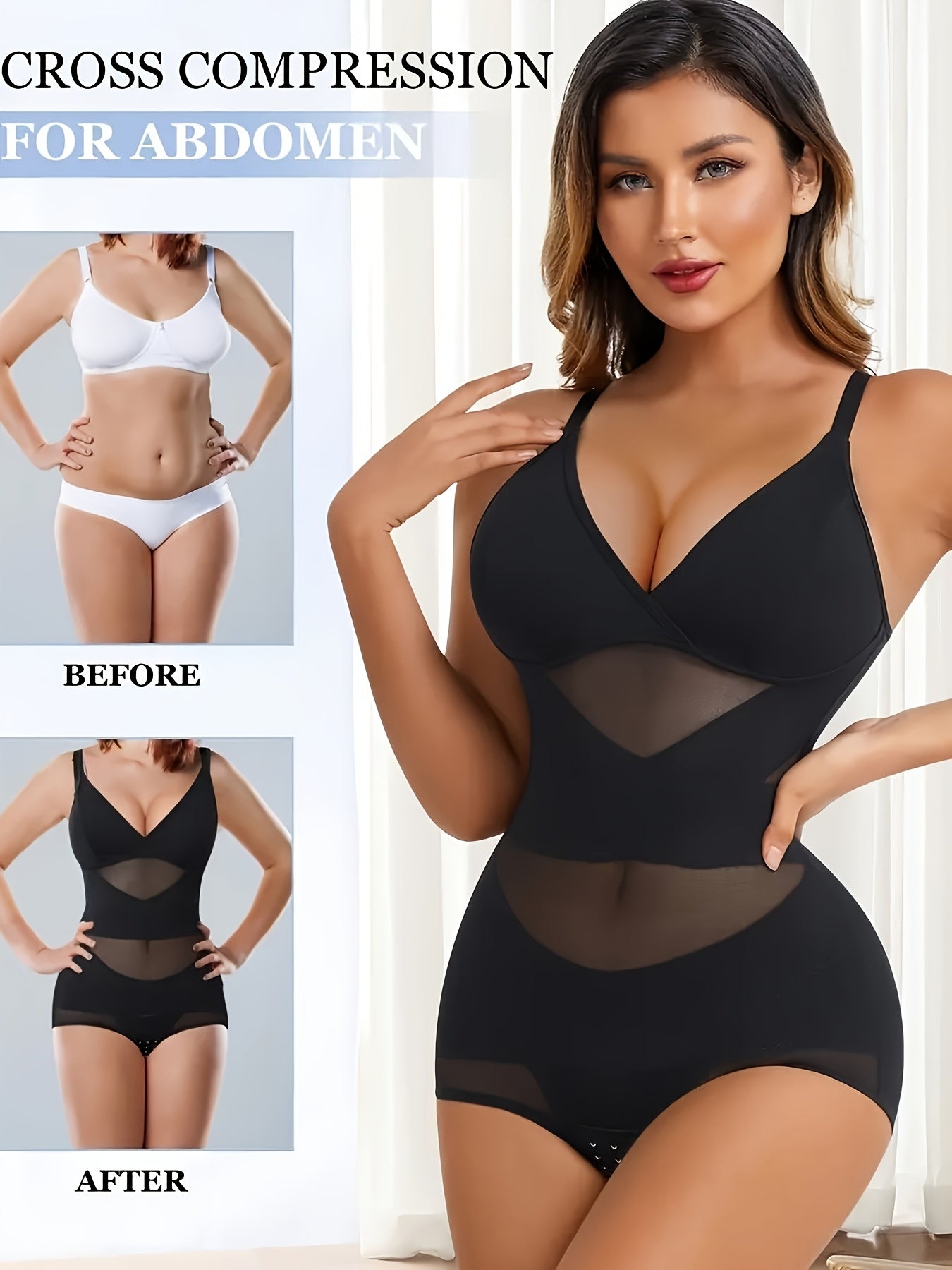 Sexy Deep V-neck Women'S Shapewear, With Cross Cinching And Chest Lifting Straps And Detachable Chest Pads, Can Be Worn All Day Long With Breathable Mesh Deep V-neck Design, With Quick Snap Cinching And Hip Lifting, Full Body Shapewear