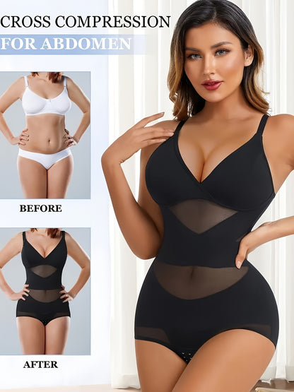 Sexy Deep V-neck Women'S Shapewear, With Cross Cinching And Chest Lifting Straps And Detachable Chest Pads, Can Be Worn All Day Long With Breathable Mesh Deep V-neck Design, With Quick Snap Cinching And Hip Lifting, Full Body Shapewear