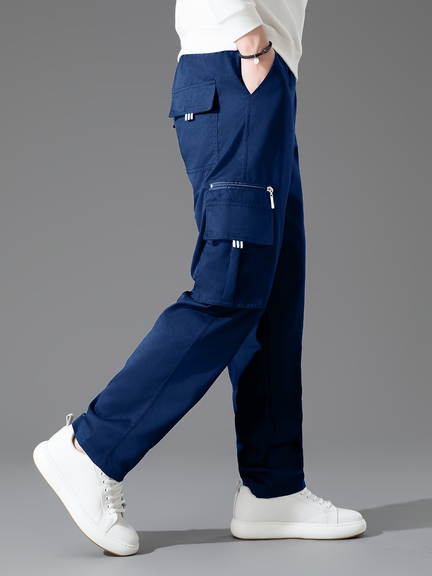 3pcs Men'S Casual Solid Color Cargo Pants, Polyester Non-Stretch Woven Fabric, Multiple Pockets, Regular Fit, Spring/Fall Season, Hiking & Outdoor Scene, Weekend Casual Occasion, Thick