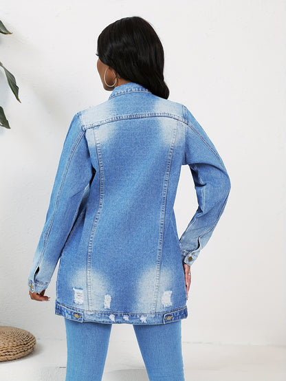 Women Fashion Solid Ripped Turn-down Collar Jean Jacket For Women Loose Casual Blue Fashionable Women Coats Female Outwear Denim Dark Blue Jacket For Women