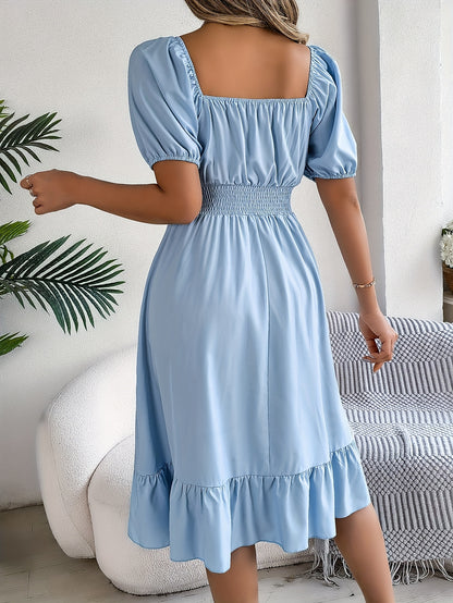 [Spring-Summer Fashion Dress] Women's 2024 Spring-Summer Fashion Square Neck Puff Sleeve A-Line Dress