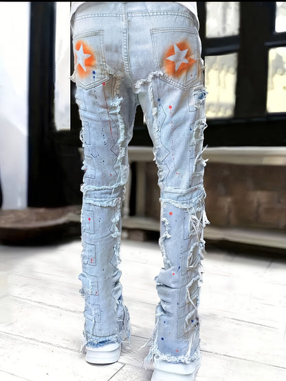 Men'S Star Print Fashion Layered Tassel Jeans