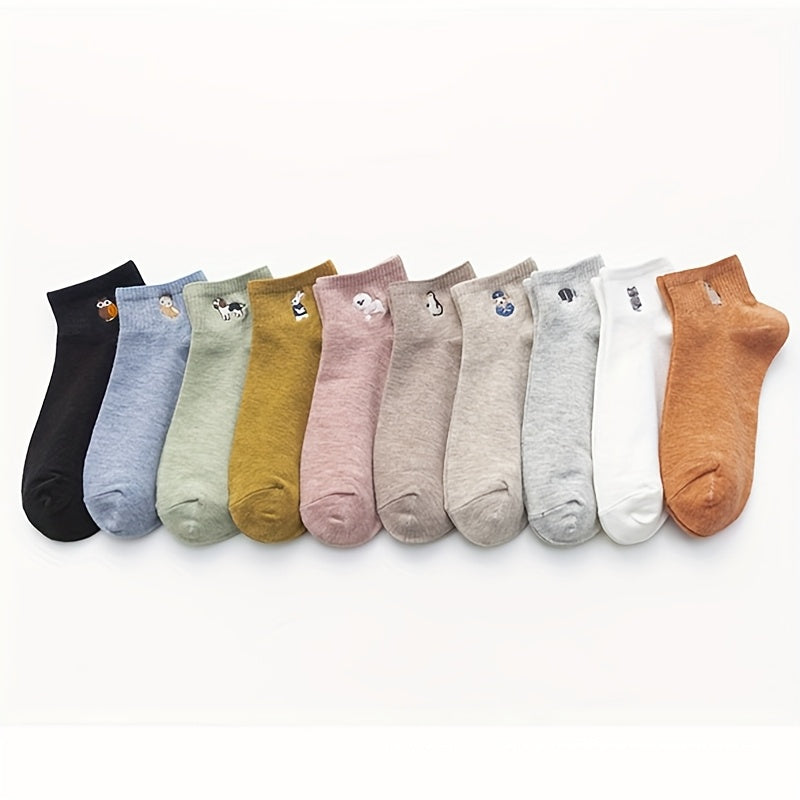 10 Pairs Of Women's Socks, Cute Embroidered Socks for Women, Short Socks, Boat Socks, Low Socks, Midsole Socks, Animal Cartoon Short Socks
