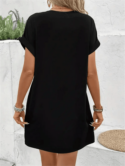 Overseas Heat-transfer Print, Simple Casual Style Blessed Printed Letter Dress| An Ideal Choice for Valentine's Day and Other Holidays, the 2024 New Summer Women's Loose, Comfortable, Versatile Short-sleeve T-shirt Dress Is Suitable for Commuting, Ho