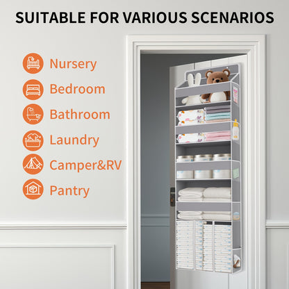Over the Door Organizer Hanging - 6 Shelf Over Door Organizers with 6 Clear Front &12 Side Pockets - Swing-proof 50LB Load Behind Door Storage for Closet Bedroom Bathroom Nursery Essentials