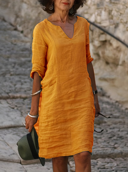 [Stylish Linen Dress] Autumn Linen Dress With A Small V-Neck, Featuring A Stylish And Elegant Look. It Has A Retro, Simple And Solid Color Design, And Comes With Three-Quarter Sleeves